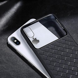 Phone Case -  Luxury Clear Tempered Glass Breathable Woven Texture Soft TPU Shockproof Phone Case For iPhone XS/XR/XS Max 8/7 Plus